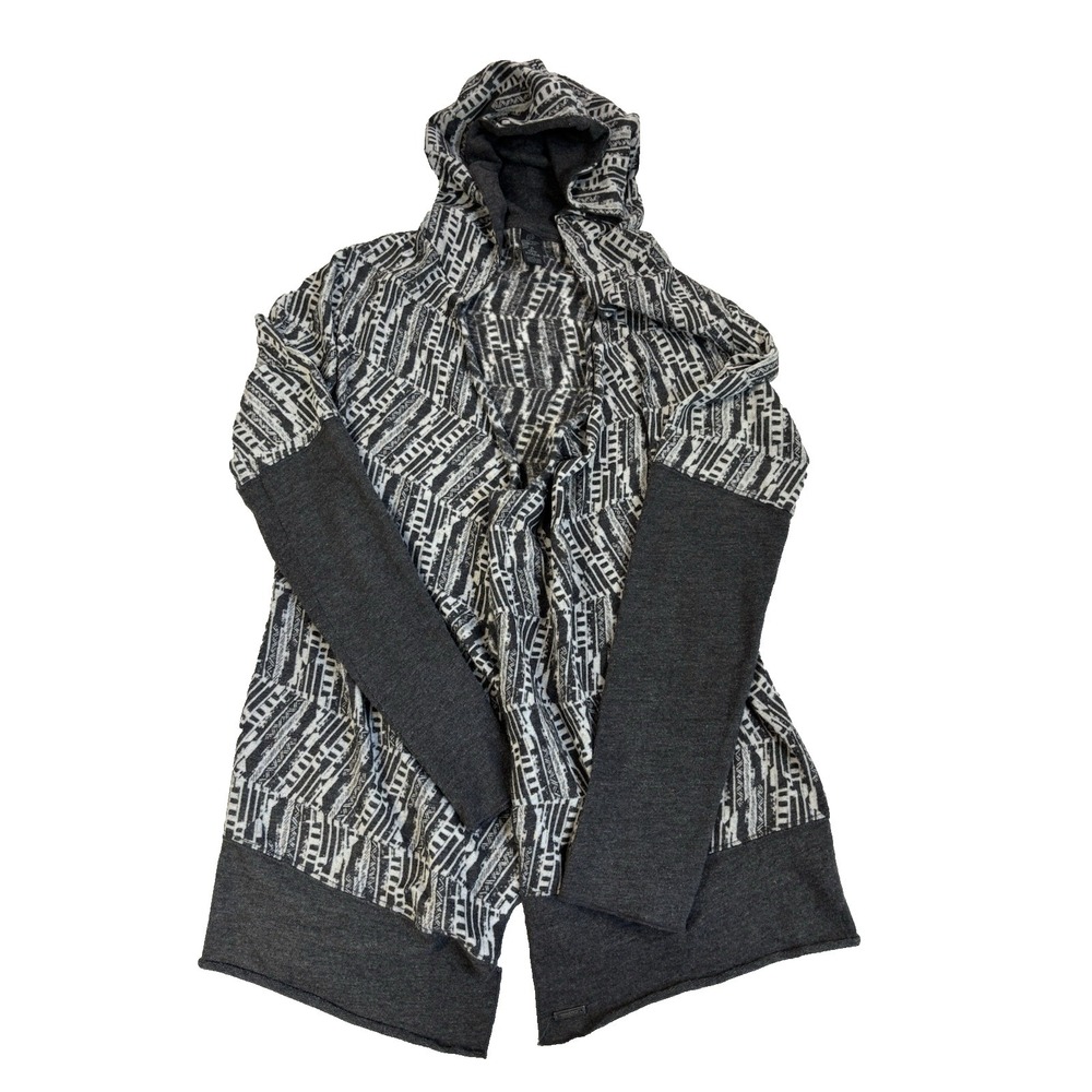 Prana Graceful Wrap Women's Med Gray Geometric Hooded Fitted Cardigan Sweater